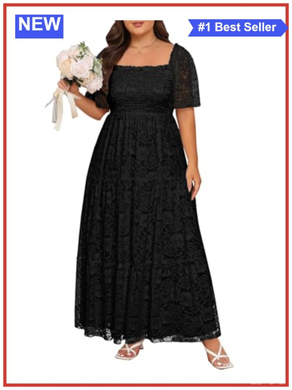 Plus Size Boho Lace Maxi Dress Square Neck Ruffle Sleeve Wedding Guest